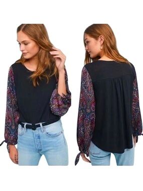 Anthropologie Black Top with Paisley Balloon Sleeves